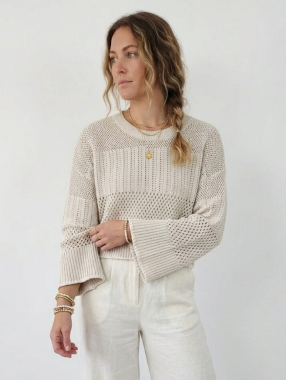 Happily Grey Women's Size Medium Boho Chic Festival Cream Knit Cropped Sweater